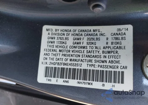 2014 Honda Civic Ex z USA, uszkodzony, nr VIN 2HGFB2F84EH553512